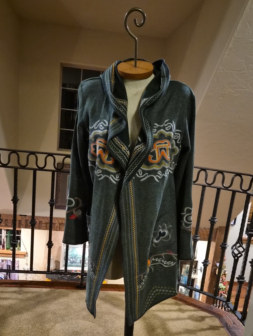 Soft Surroundings Teal Embroidered Open-Front Hooded Cardigan